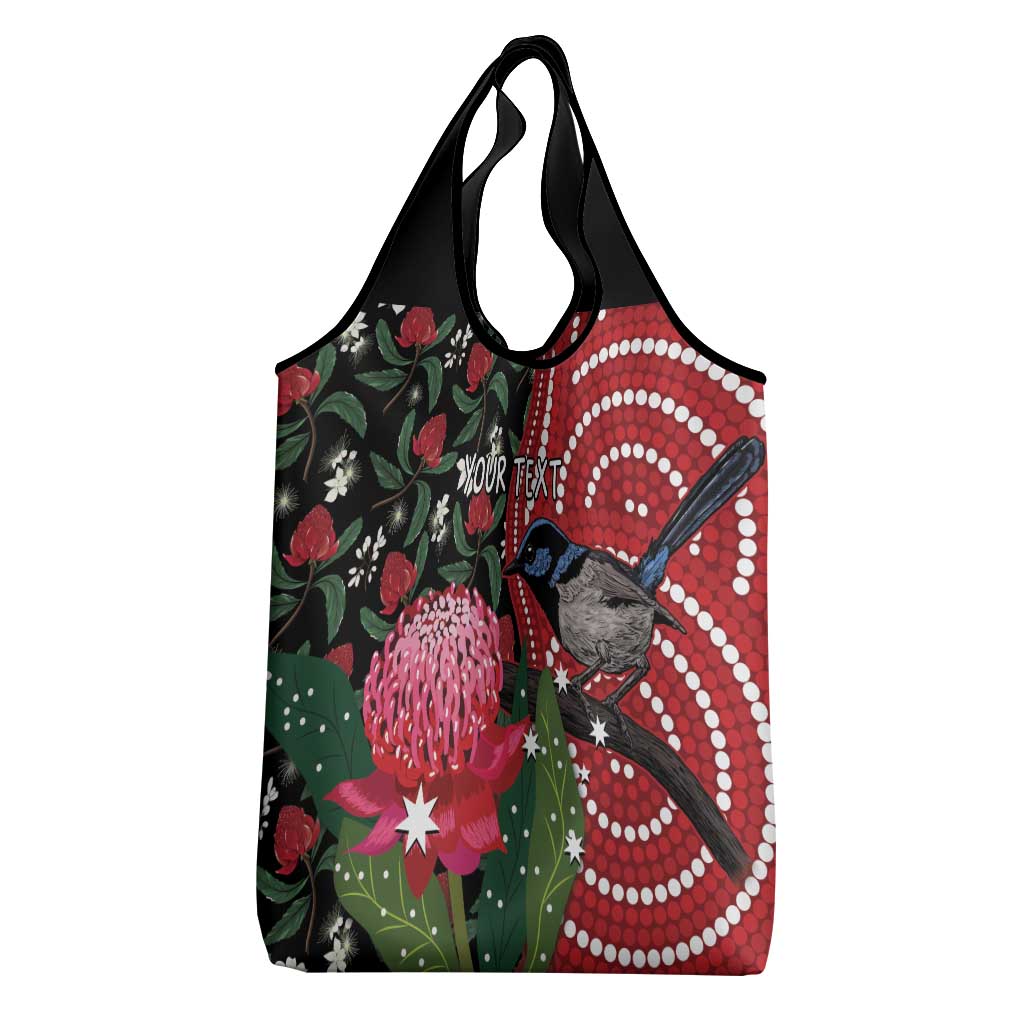 Personalised Australia Waratah And Superb Fairywren Grocery Bag Aboriginal Art