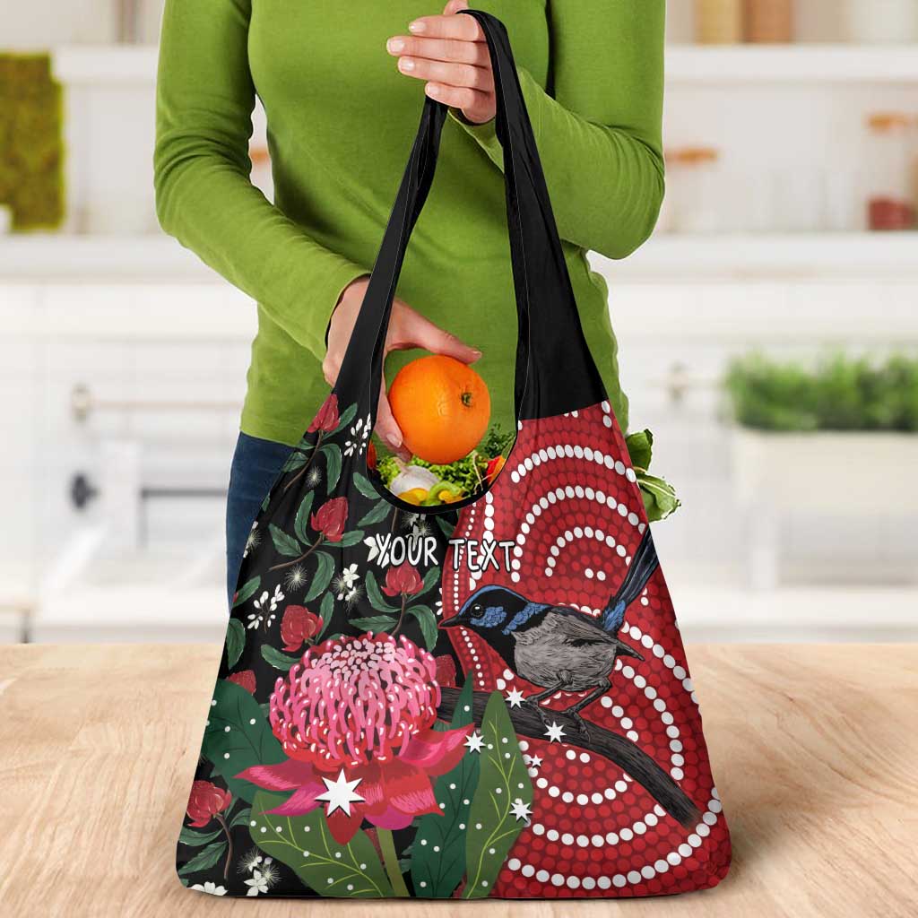 Personalised Australia Waratah And Superb Fairywren Grocery Bag Aboriginal Art