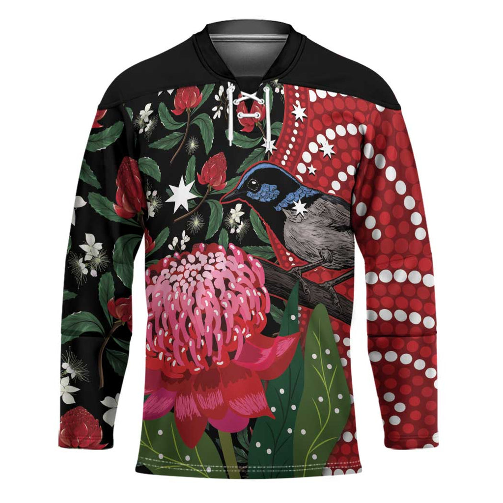 Personalised Australia Waratah And Superb Fairywren Hockey Jersey Aboriginal Art - Aussie Hoodie