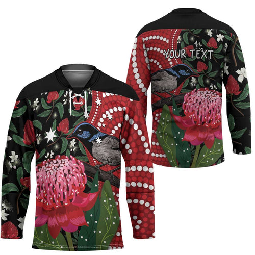 Personalised Australia Waratah And Superb Fairywren Hockey Jersey Aboriginal Art - Aussie Hoodie