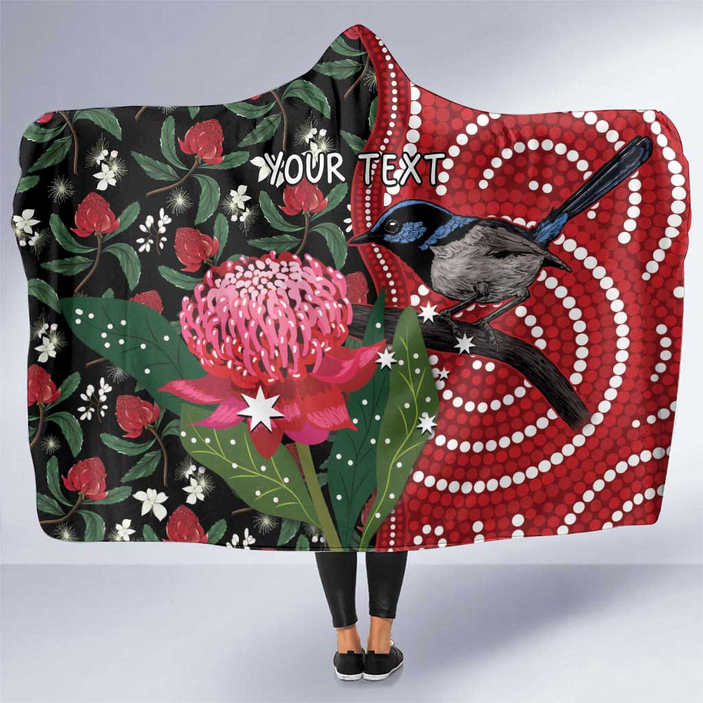 Personalised Australia Waratah And Superb Fairywren Hooded Blanket Aboriginal Art
