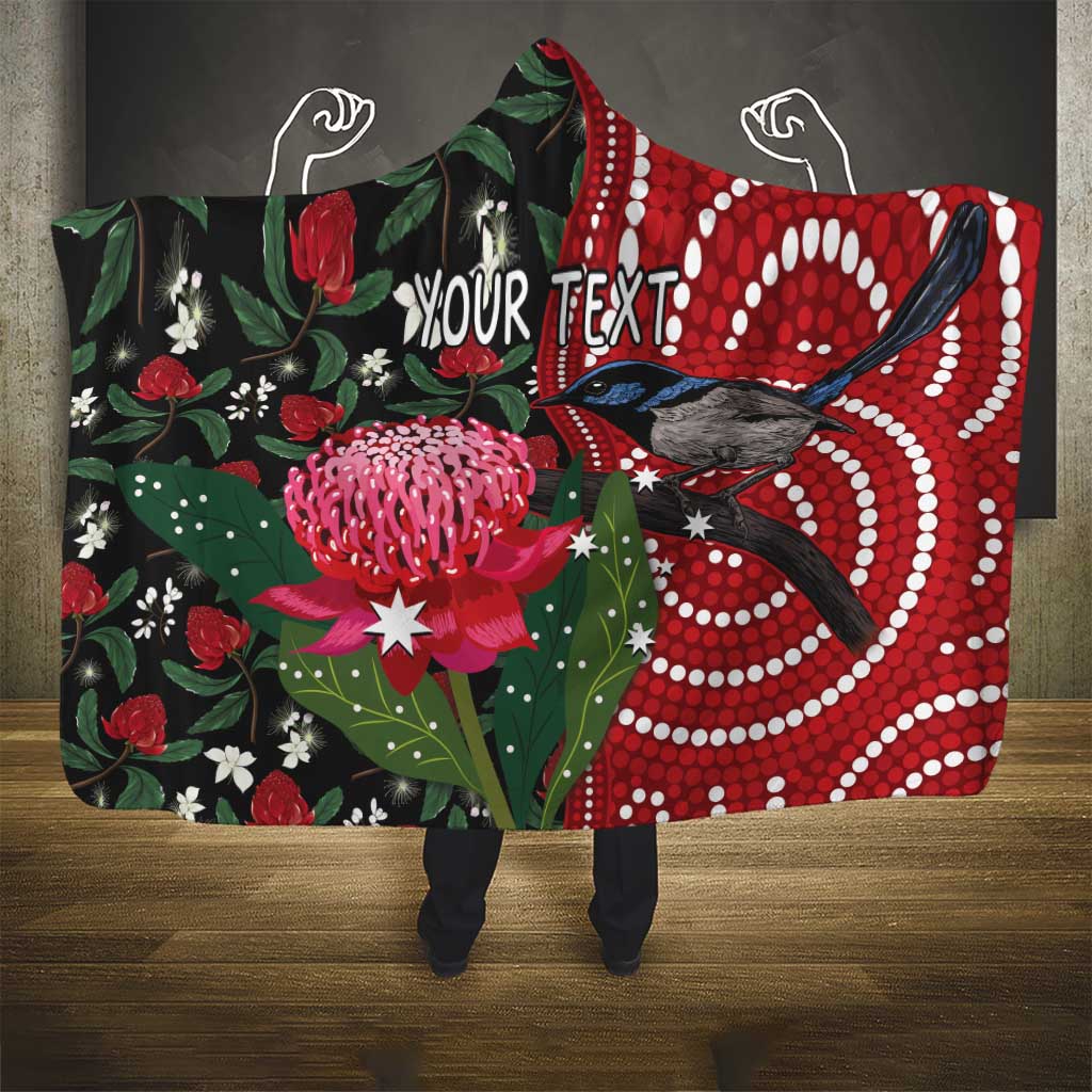 Personalised Australia Waratah And Superb Fairywren Hooded Blanket Aboriginal Art