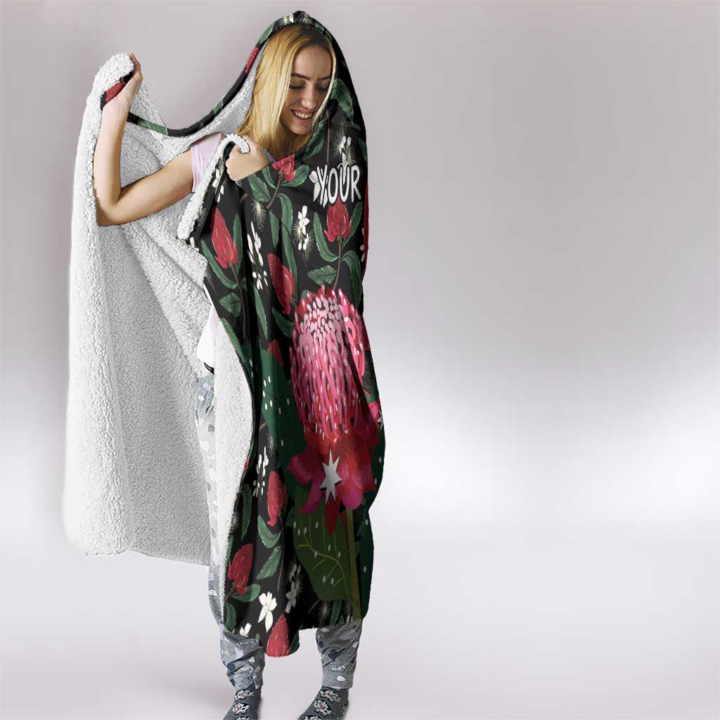 Personalised Australia Waratah And Superb Fairywren Hooded Blanket Aboriginal Art
