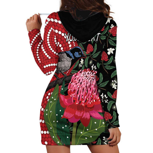 Personalised Australia Waratah And Superb Fairywren Hoodie Dress Aboriginal Art
