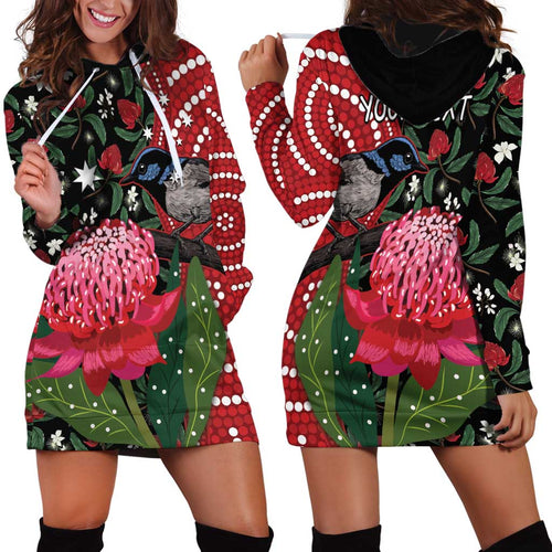 Personalised Australia Waratah And Superb Fairywren Hoodie Dress Aboriginal Art