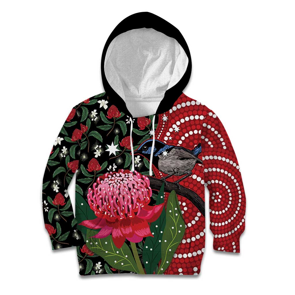 Personalised Australia Waratah And Superb Fairywren Kid Hoodie Aboriginal Art