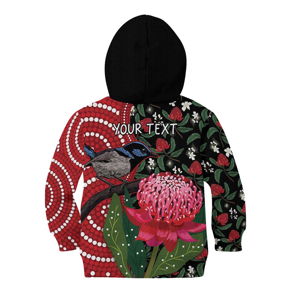 Personalised Australia Waratah And Superb Fairywren Kid Hoodie Aboriginal Art