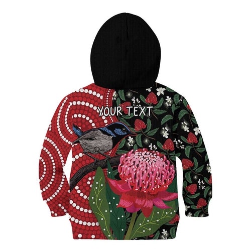Personalised Australia Waratah And Superb Fairywren Kid Hoodie Aboriginal Art