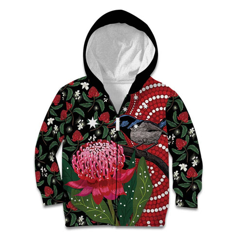 Personalised Australia Waratah And Superb Fairywren Kid Hoodie Aboriginal Art