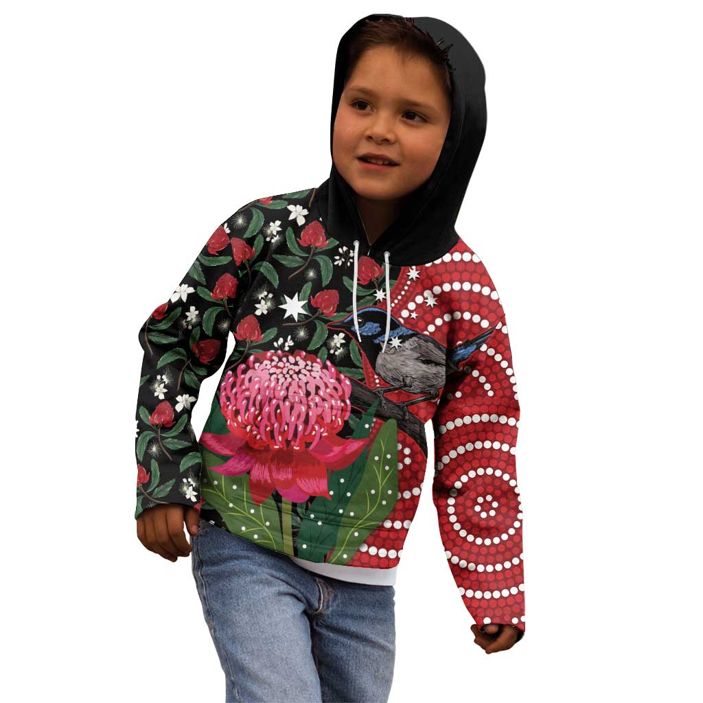 Personalised Australia Waratah And Superb Fairywren Kid Hoodie Aboriginal Art