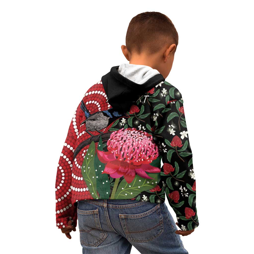 Personalised Australia Waratah And Superb Fairywren Kid Hoodie Aboriginal Art