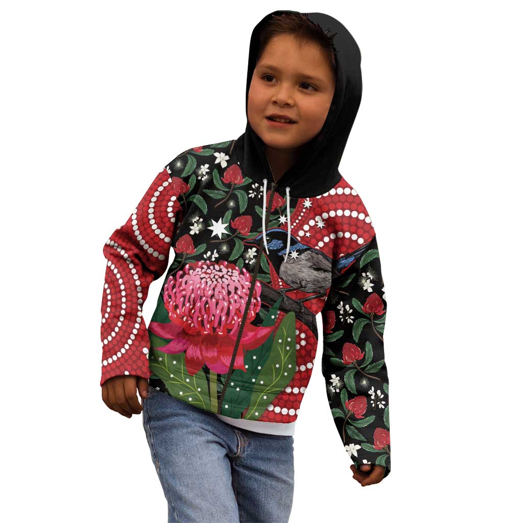 Personalised Australia Waratah And Superb Fairywren Kid Hoodie Aboriginal Art