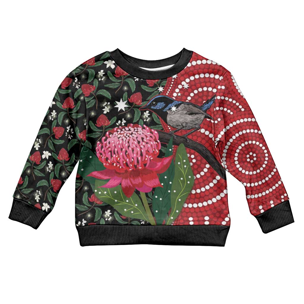 Personalised Australia Waratah And Superb Fairywren Kid Ugly Christmas Sweater Aboriginal Art - Aussie Hoodie