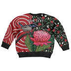 Personalised Australia Waratah And Superb Fairywren Kid Ugly Christmas Sweater Aboriginal Art - Aussie Hoodie
