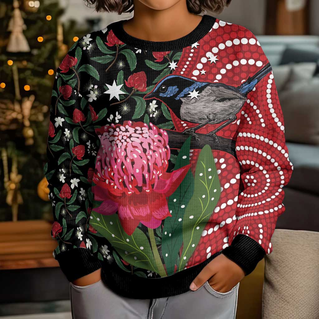 Personalised Australia Waratah And Superb Fairywren Kid Ugly Christmas Sweater Aboriginal Art - Aussie Hoodie