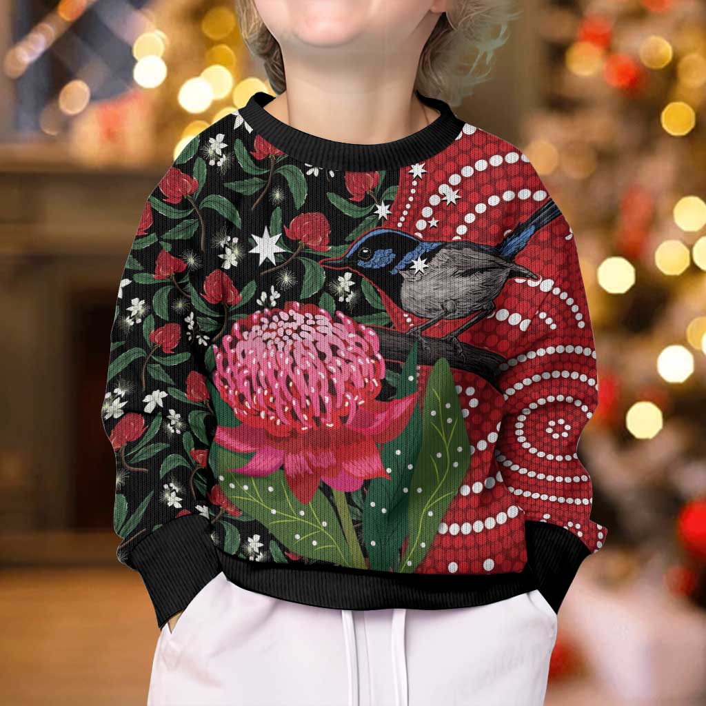 Personalised Australia Waratah And Superb Fairywren Kid Ugly Christmas Sweater Aboriginal Art - Aussie Hoodie