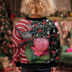 Personalised Australia Waratah And Superb Fairywren Kid Ugly Christmas Sweater Aboriginal Art - Aussie Hoodie