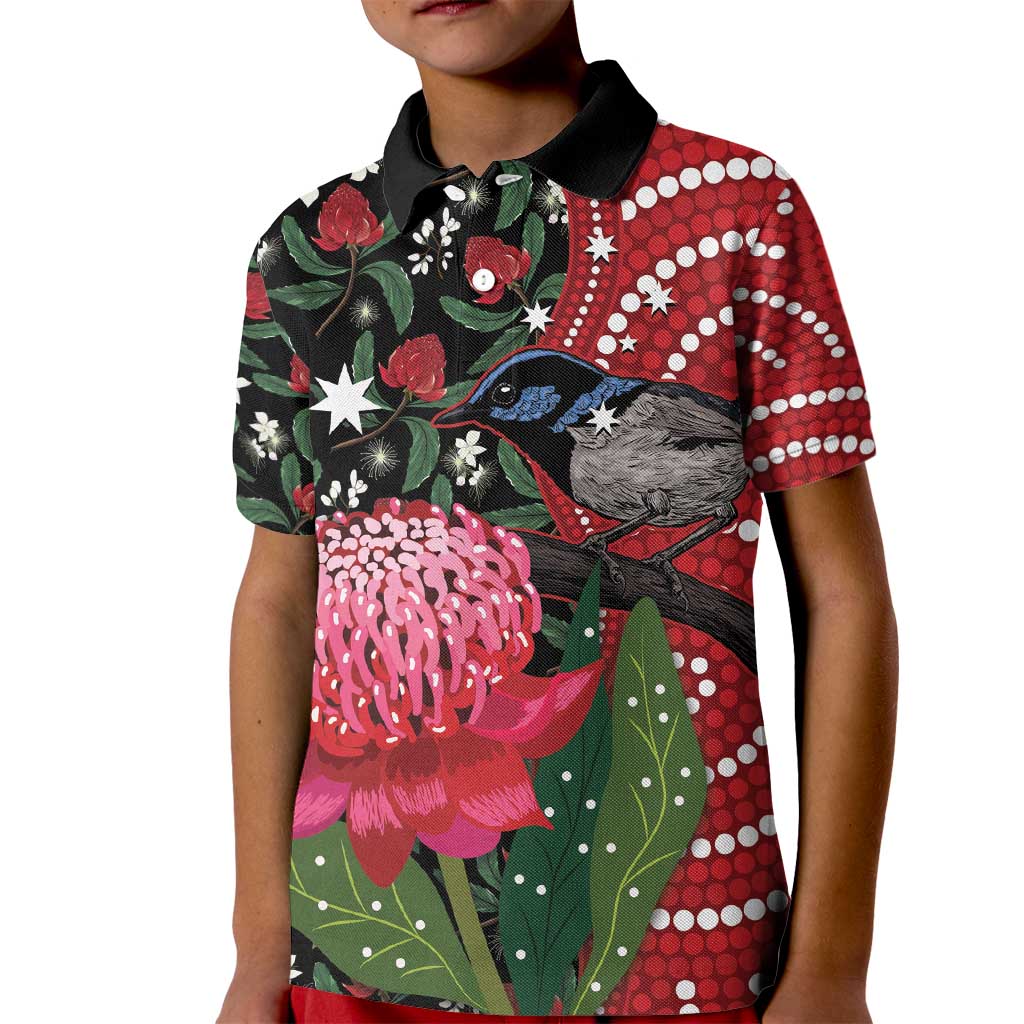 Personalised Australia Waratah And Superb Fairywren Kid Polo Shirt Aboriginal Art
