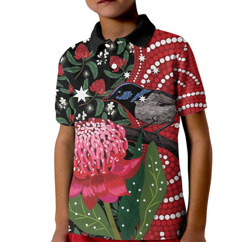 Personalised Australia Waratah And Superb Fairywren Kid Polo Shirt Aboriginal Art