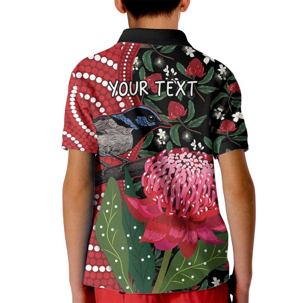 Personalised Australia Waratah And Superb Fairywren Kid Polo Shirt Aboriginal Art