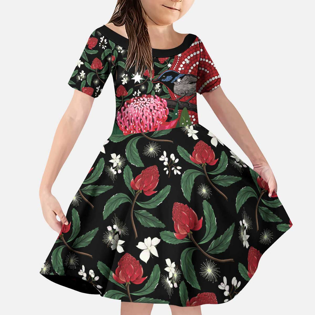 Personalised Australia Waratah And Superb Fairywren Kid Short Sleeve Dress Aboriginal Art