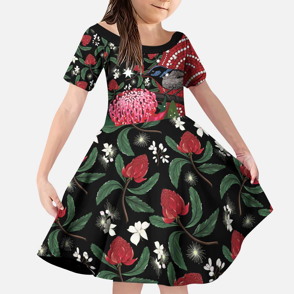 Personalised Australia Waratah And Superb Fairywren Kid Short Sleeve Dress Aboriginal Art