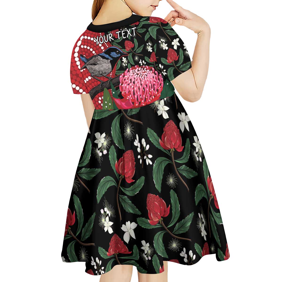 Personalised Australia Waratah And Superb Fairywren Kid Short Sleeve Dress Aboriginal Art