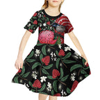 Personalised Australia Waratah And Superb Fairywren Kid Short Sleeve Dress Aboriginal Art