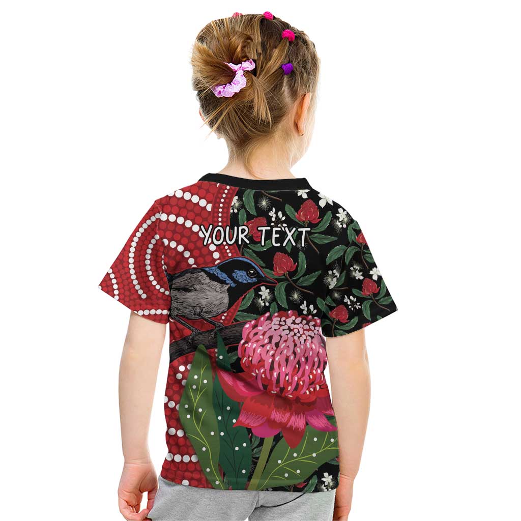 Personalised Australia Waratah And Superb Fairywren Kid T Shirt Aboriginal Art