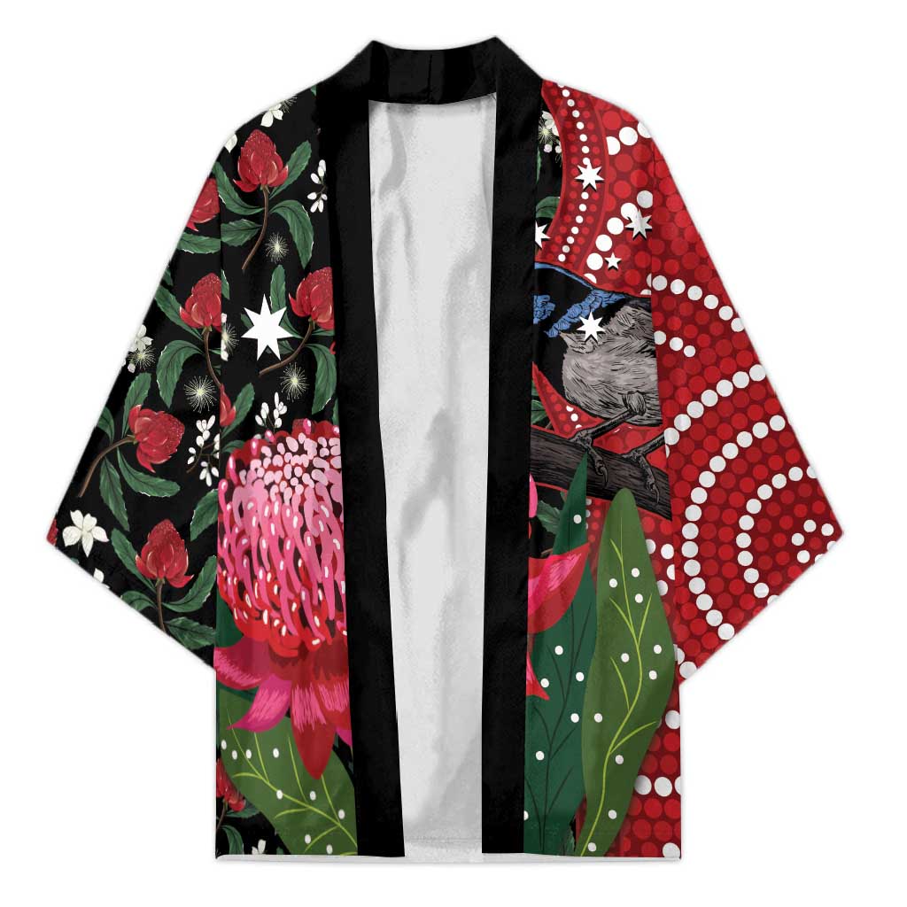 Personalised Australia Waratah And Superb Fairywren Kimono Aboriginal Art - Aussie Hoodie