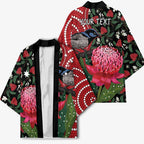 Personalised Australia Waratah And Superb Fairywren Kimono Aboriginal Art - Aussie Hoodie