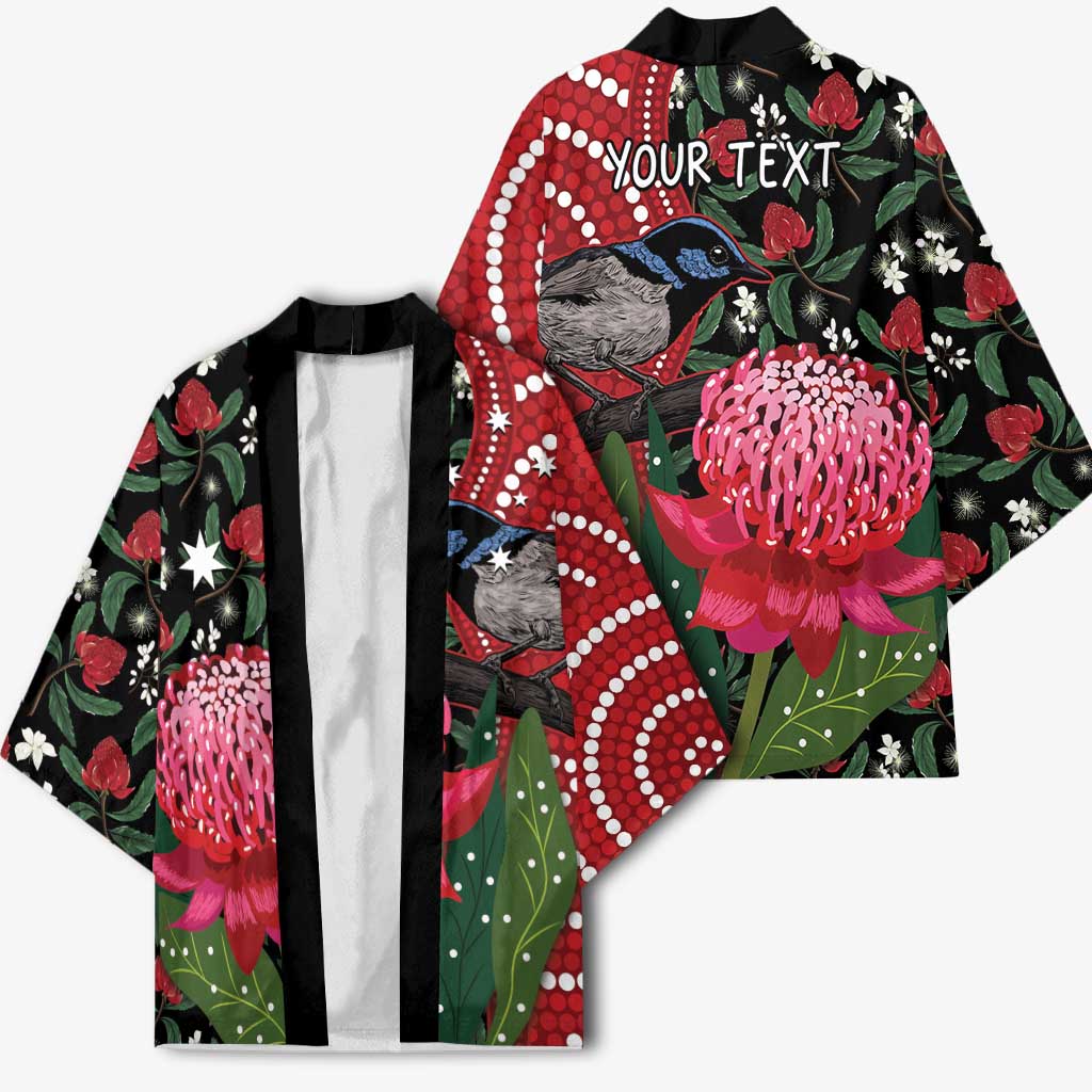 Personalised Australia Waratah And Superb Fairywren Kimono Aboriginal Art - Aussie Hoodie