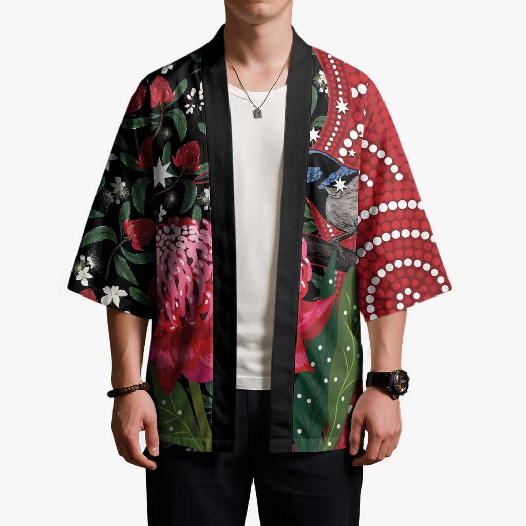 Personalised Australia Waratah And Superb Fairywren Kimono Aboriginal Art - Aussie Hoodie