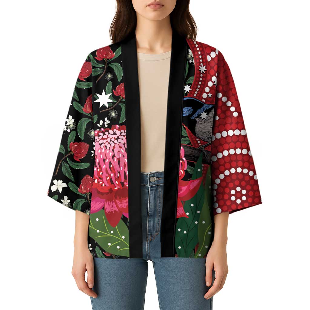 Personalised Australia Waratah And Superb Fairywren Kimono Aboriginal Art - Aussie Hoodie