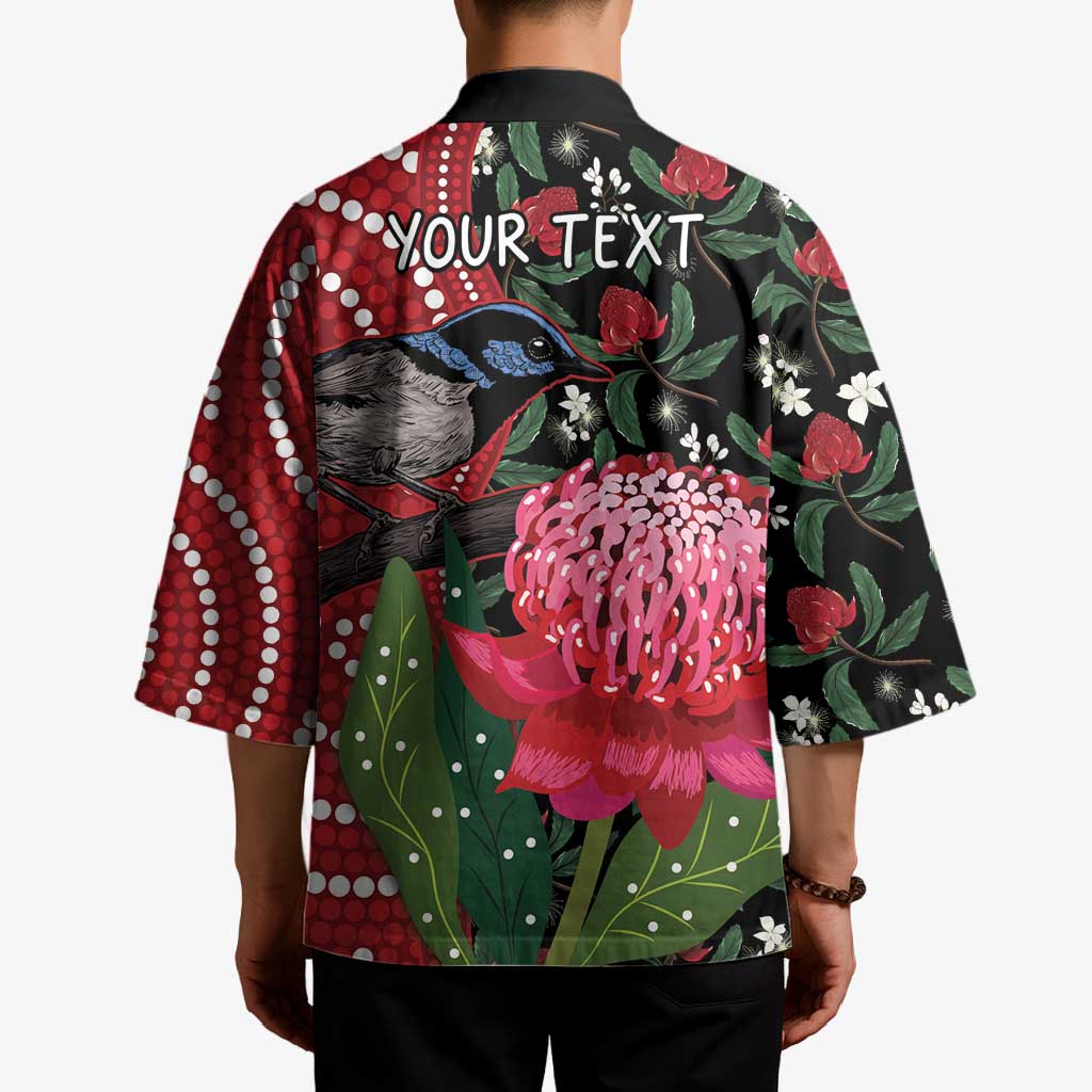Personalised Australia Waratah And Superb Fairywren Kimono Aboriginal Art - Aussie Hoodie