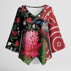 Personalised Australia Waratah And Superb Fairywren Kimono Sleeve Blouse Aboriginal Art - Aussie Hoodie