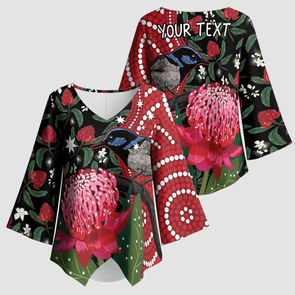 Personalised Australia Waratah And Superb Fairywren Kimono Sleeve Blouse Aboriginal Art - Aussie Hoodie
