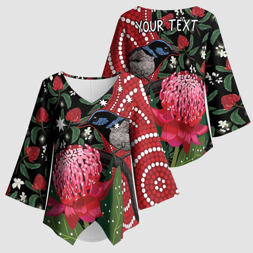 Personalised Australia Waratah And Superb Fairywren Kimono Sleeve Blouse Aboriginal Art - Aussie Hoodie