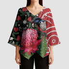 Personalised Australia Waratah And Superb Fairywren Kimono Sleeve Blouse Aboriginal Art - Aussie Hoodie