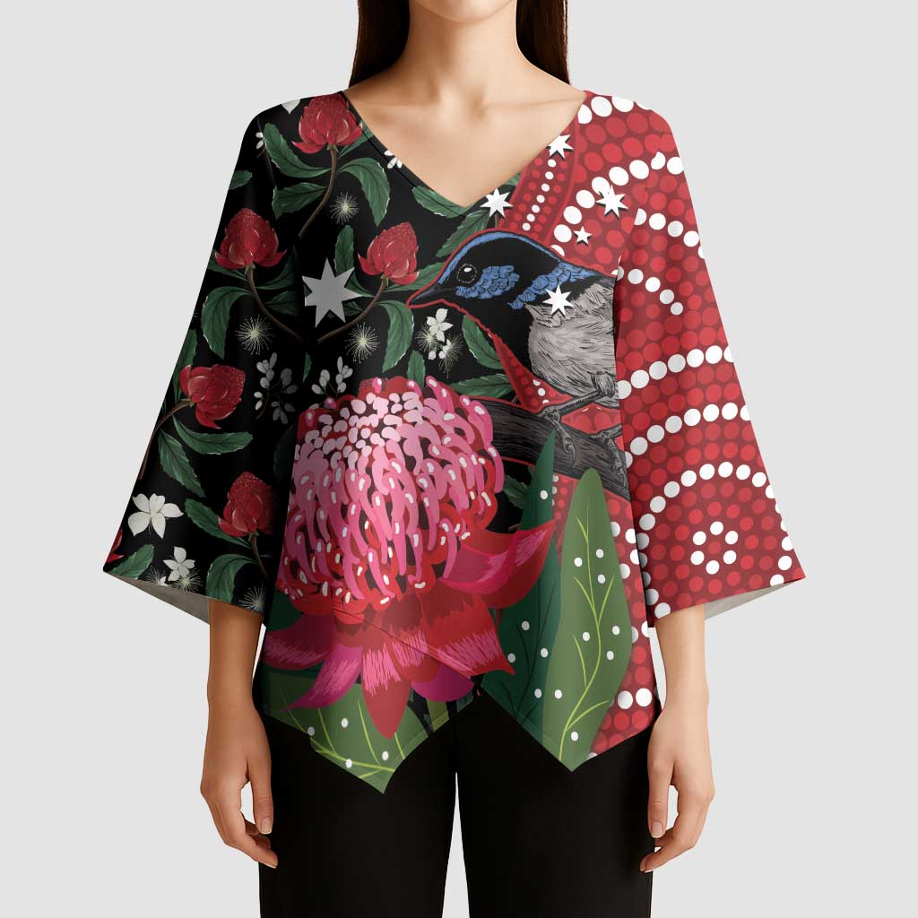 Personalised Australia Waratah And Superb Fairywren Kimono Sleeve Blouse Aboriginal Art - Aussie Hoodie