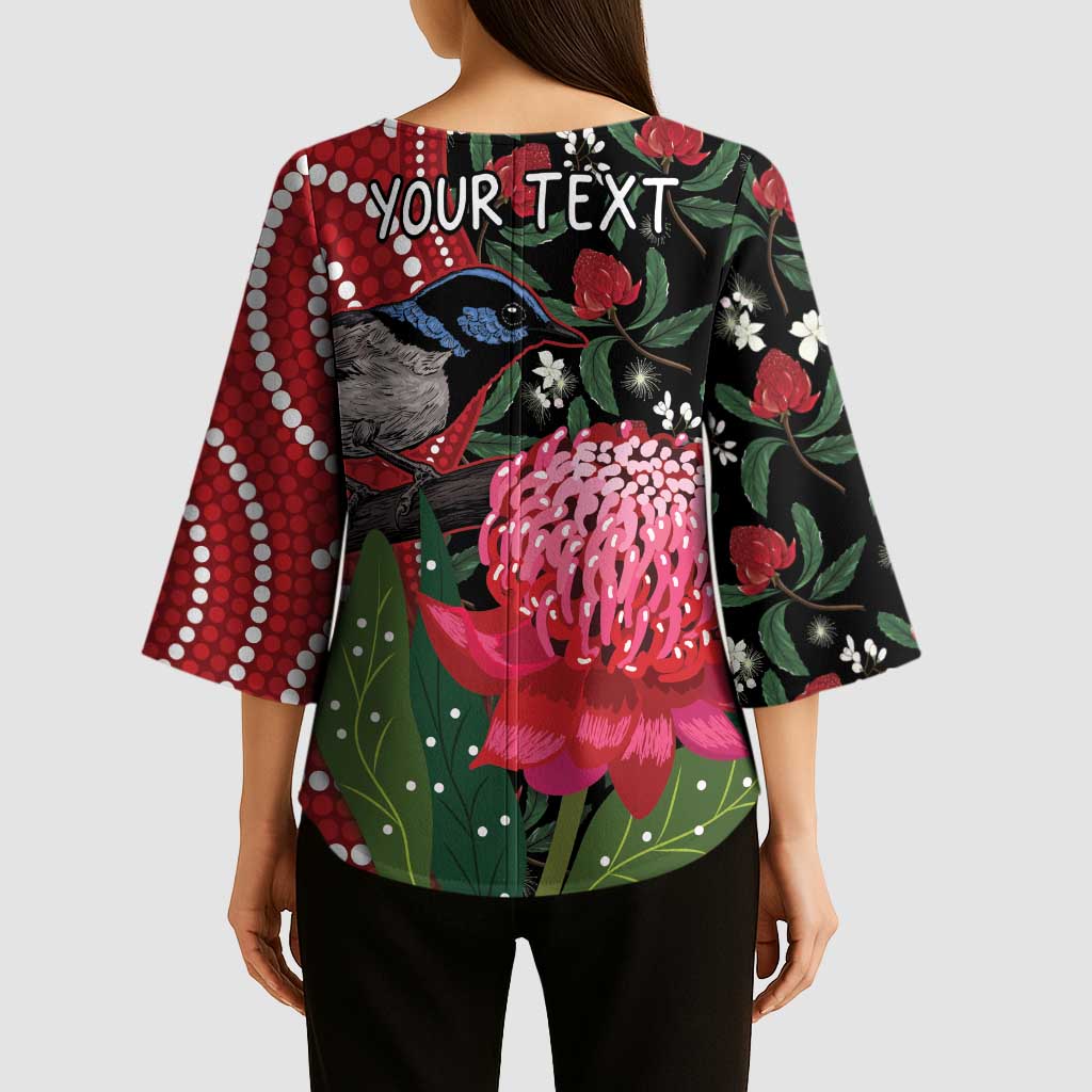 Personalised Australia Waratah And Superb Fairywren Kimono Sleeve Blouse Aboriginal Art - Aussie Hoodie