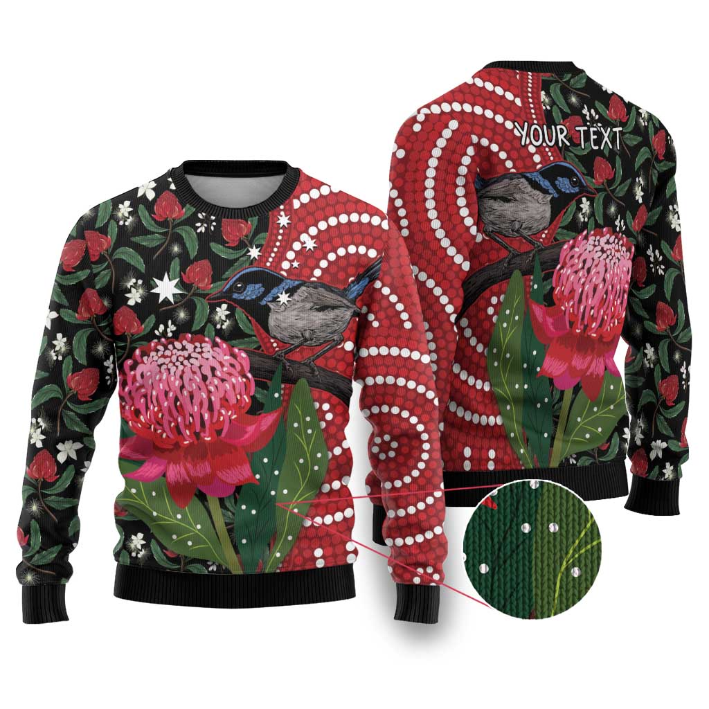 Personalised Australia Waratah And Superb Fairywren Ugly Christmas Sweater Aboriginal Art - Aussie Hoodie