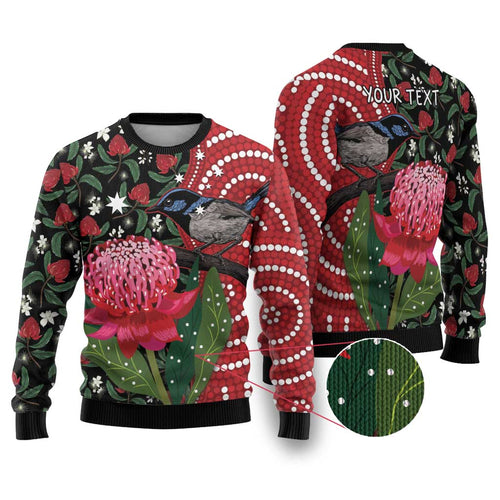 Personalised Australia Waratah And Superb Fairywren Ugly Christmas Sweater Aboriginal Art - Aussie Hoodie