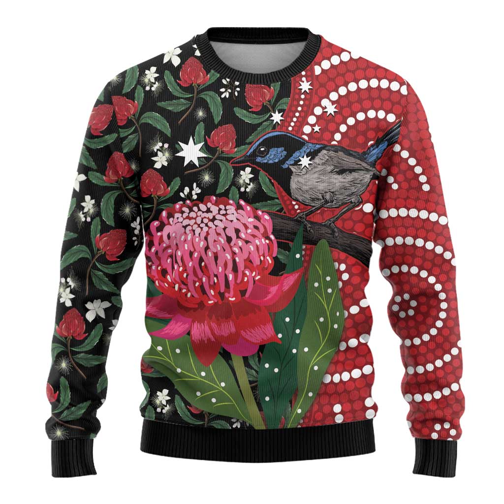 Personalised Australia Waratah And Superb Fairywren Ugly Christmas Sweater Aboriginal Art - Aussie Hoodie