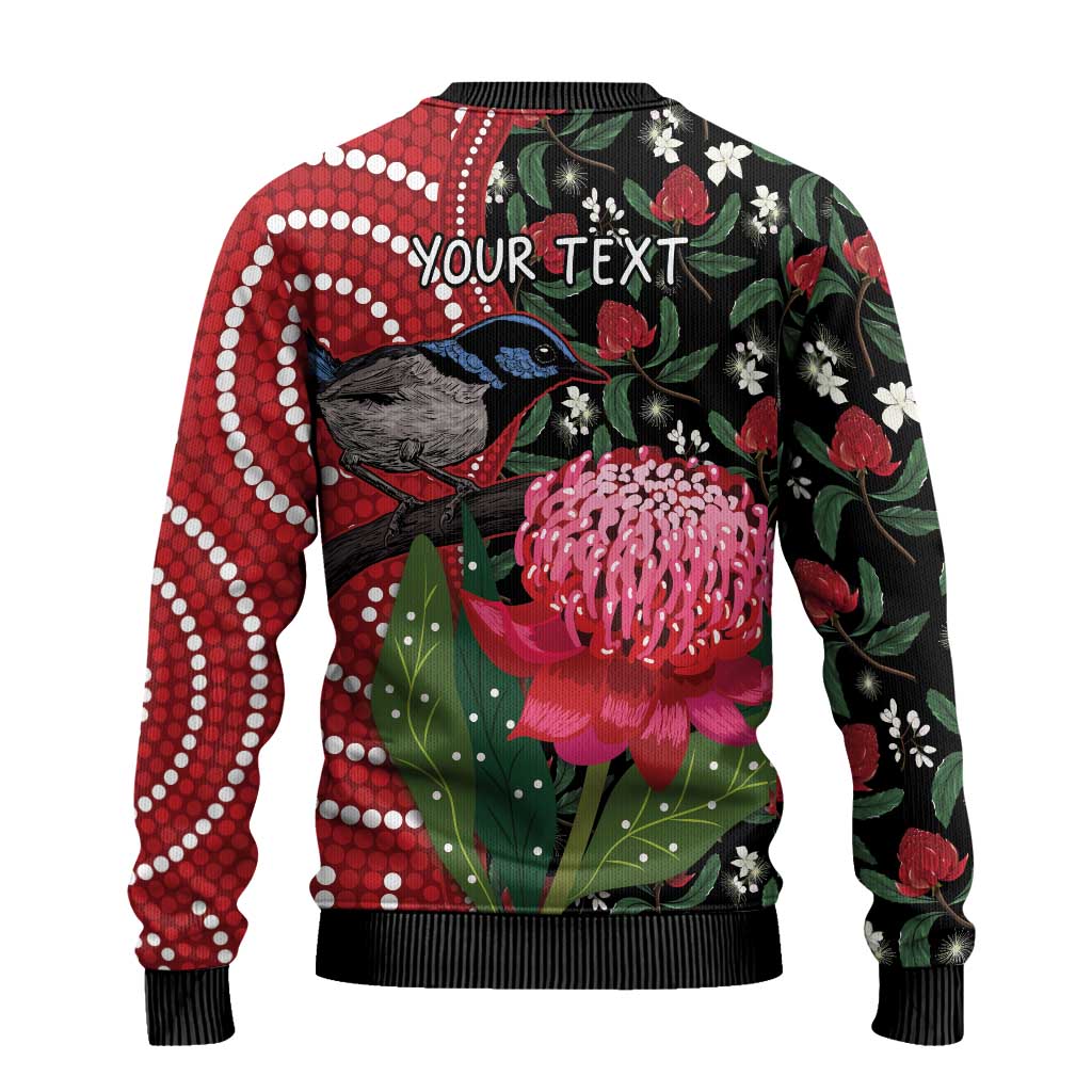 Personalised Australia Waratah And Superb Fairywren Ugly Christmas Sweater Aboriginal Art - Aussie Hoodie
