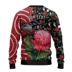 Personalised Australia Waratah And Superb Fairywren Ugly Christmas Sweater Aboriginal Art - Aussie Hoodie