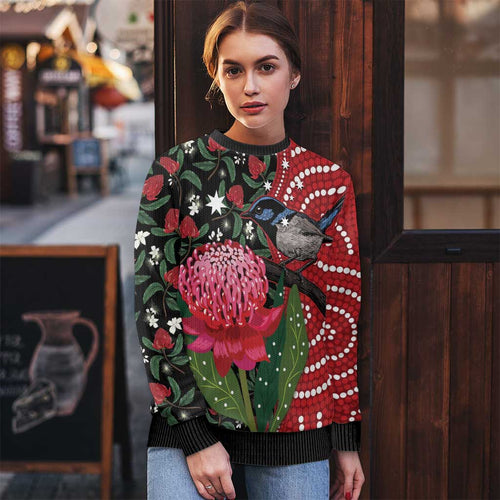 Personalised Australia Waratah And Superb Fairywren Ugly Christmas Sweater Aboriginal Art - Aussie Hoodie