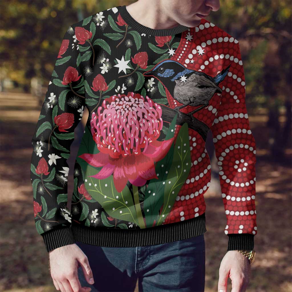 Personalised Australia Waratah And Superb Fairywren Ugly Christmas Sweater Aboriginal Art - Aussie Hoodie