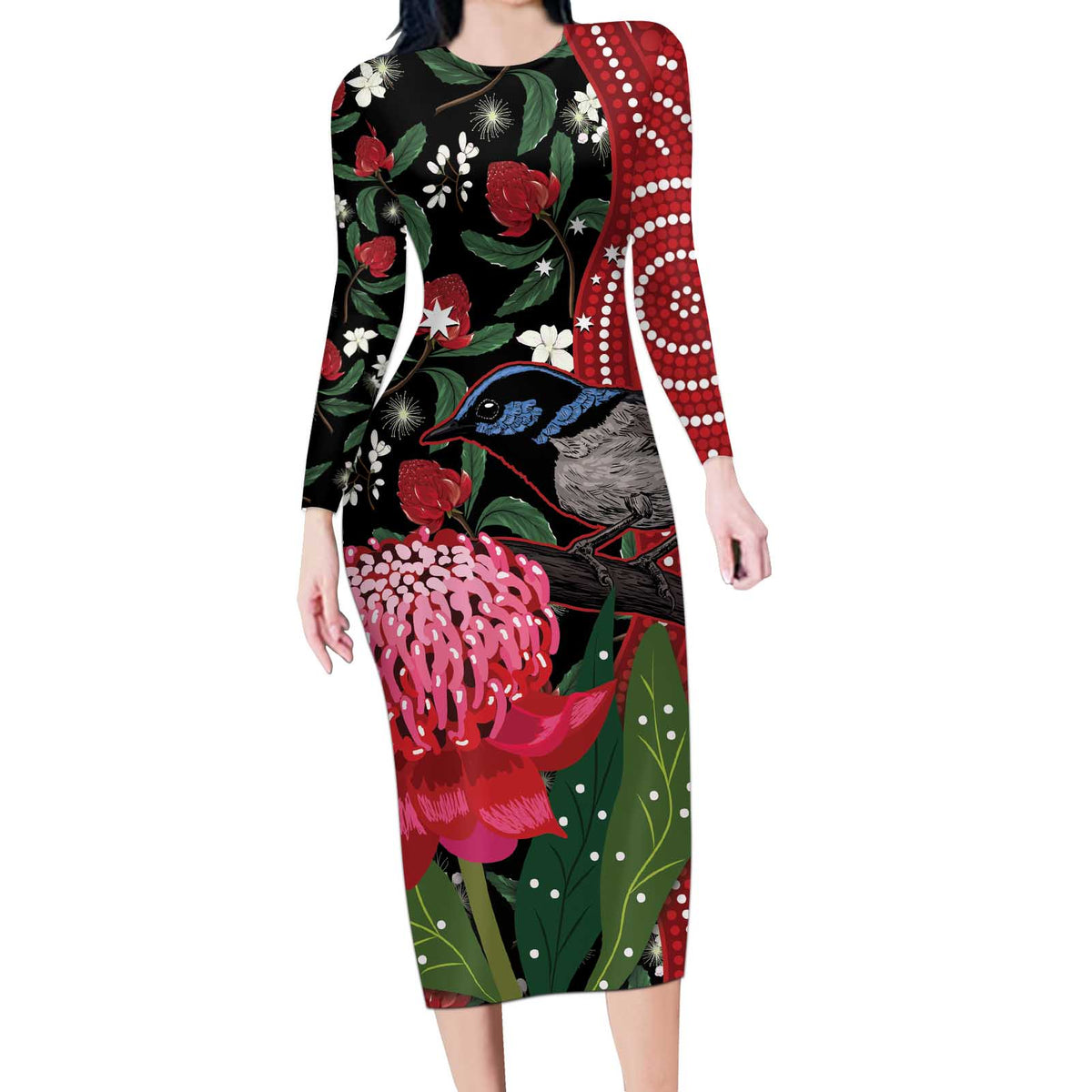 Personalised Australia Waratah And Superb Fairywren Long Sleeve Bodycon Dress Aboriginal Art