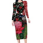 Personalised Australia Waratah And Superb Fairywren Long Sleeve Bodycon Dress Aboriginal Art